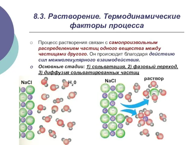 8.3. Растворение. Термодинамические факторы процесса Процесс растворения связан с самопроизвольным распределением