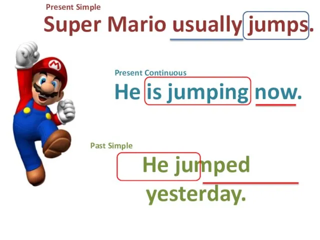 Super Mario usually jumps. Present Simple Present Continuous He is jumping