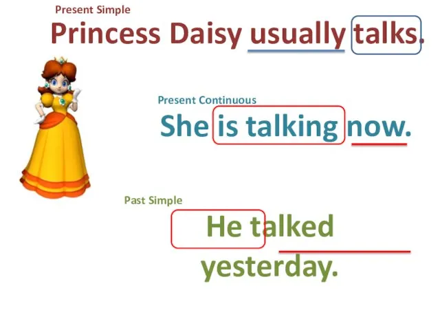 Princess Daisy usually talks. Present Simple Present Continuous She is talking