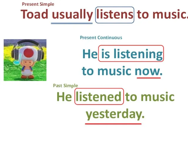 Toad usually listens to music. Present Simple Present Continuous He is