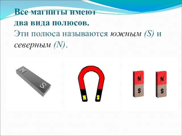 Все магниты имеют два вида полюсов. Эти полюса называются южным (S) и северным (N).