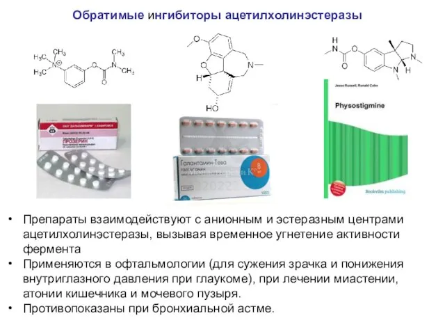 Обратимые ингибиторы ацетилхолинэстеразы Препараты взаимодействуют с анионным и эстеразным центрами ацетилхолинэстеразы,