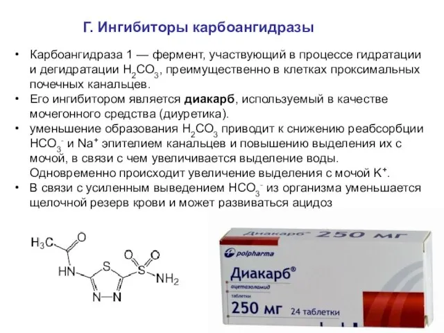 Г. Ингибиторы карбоангидразы Карбоангидраза 1 — фермент, участвующий в процессе гидратации