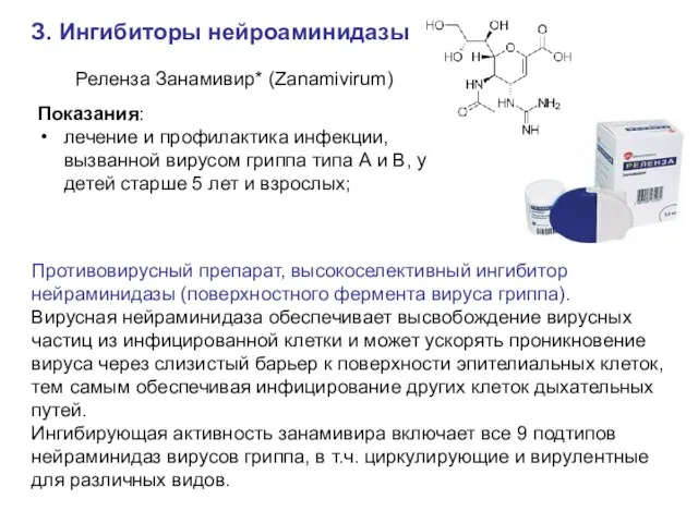 З. Ингибиторы нейроаминидазы Реленза Занамивир* (Zanamivirum) Показания: лечение и профилактика инфекции,