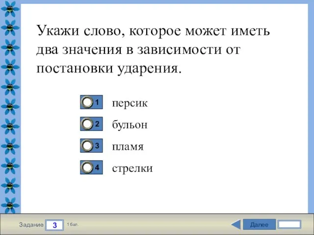 Далее 3 Задание 1 бал. Укажи слово, которое может иметь два