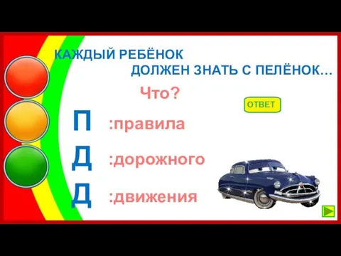 КАЖДЫЙ РЕБЁНОК ДОЛЖЕН ЗНАТЬ С ПЕЛЁНОК… Что? П Д Д :дорожного :движения :правила