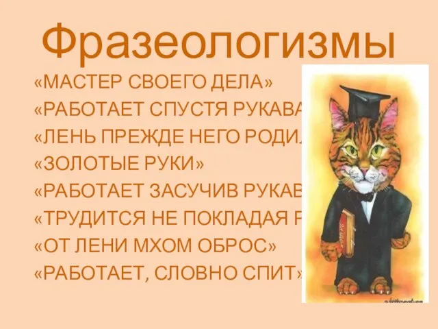 Фразеологизмы «МАСТЕР СВОЕГО ДЕЛА» «РАБОТАЕТ СПУСТЯ РУКАВА» «ЛЕНЬ ПРЕЖДЕ НЕГО РОДИЛАСЬ»