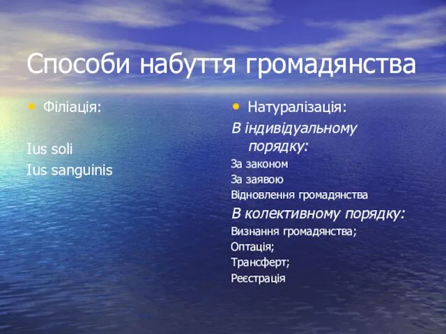 Способи набуття громадянства Філіація: Ius soli Ius sanguinis Натуралізація: В індивідуальному