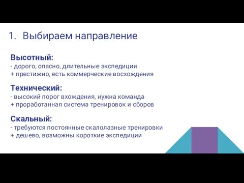 Выбираем направление Высотный: - дорого, опасно, длительные экспедиции + престижно, есть