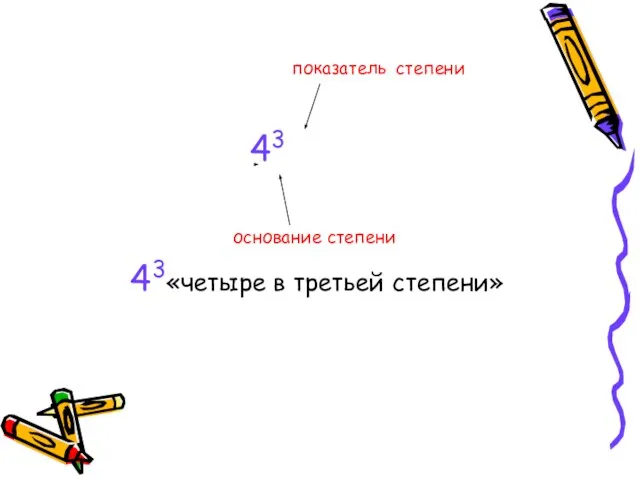 показатель степени 43 основание степени 43«четыре в третьей степени»