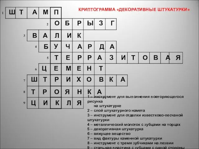 КРИПТОГРАММА «ДЕКОРАТИВНЫЕ ШТУКАТУРКИ» 1 – инструмент для выполнения повторяющегося рисунка на