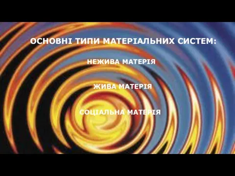 ОСНОВНІ ТИПИ МАТЕРІАЛЬНИХ СИСТЕМ: НЕЖИВА МАТЕРІЯ ЖИВА МАТЕРІЯ СОЦІАЛЬНА МАТЕРІЯ