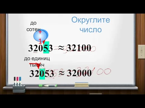 32053 ≈ 32100 32053 ≈ 32000 +1 до сотен до единиц тысяч Округлите число