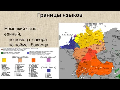 Границы языков Немецкий язык – единый, но немец с севера не поймёт баварца