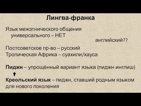 Лингва-франка Язык межэтнического общения универсального – НЕТ Постсоветское пр-во – русский