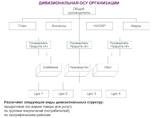 ДИВИЗИОНАЛЬНАЯ ОСУ ОРГАНИЗАЦИИ Различают следующие виды дивизиональных структур: продуктовая (но видам