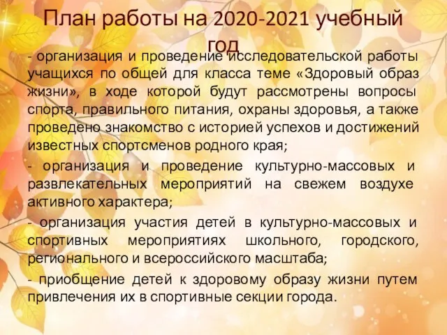 План работы на 2020-2021 учебный год - организация и проведение исследовательской