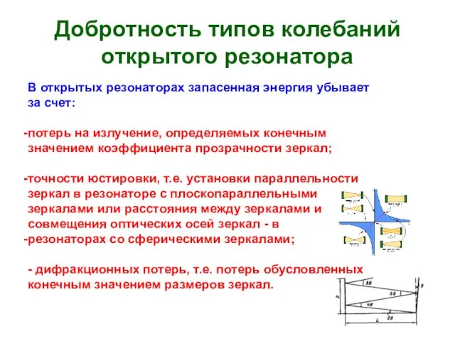 Добротность типов колебаний открытого резонатора В открытых резонаторах запасенная энергия убывает