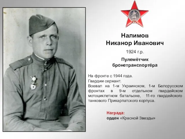 Налимов Никанор Иванович 1924 г.р. Пулемётчик бронетранспортёра На фронте с 1944