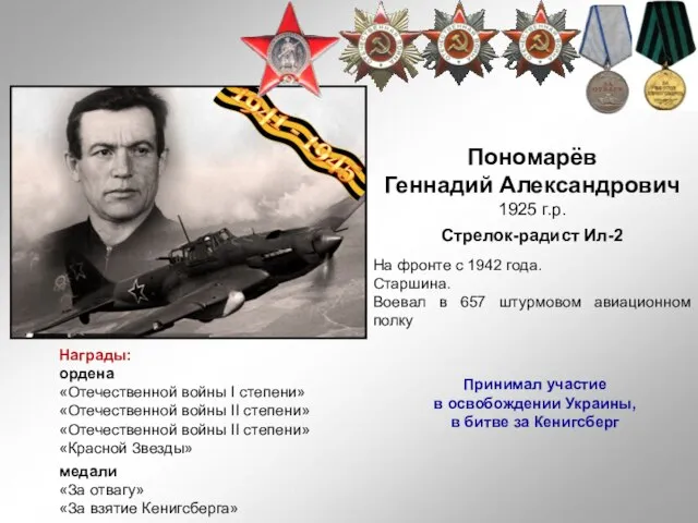Пономарёв Геннадий Александрович 1925 г.р. Стрелок-радист Ил-2 На фронте с 1942