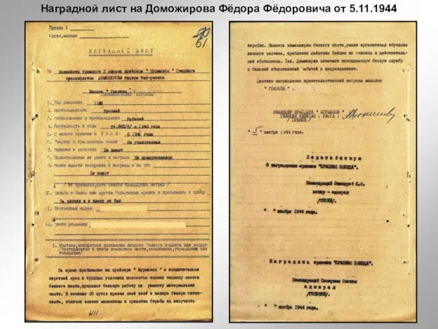 Наградной лист на Доможирова Фёдора Фёдоровича от 5.11.1944