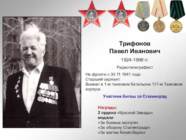 Трифонов Павел Иванович 1924-1998 гг. Радиотелеграфист На фронте с 30.11.1941 года