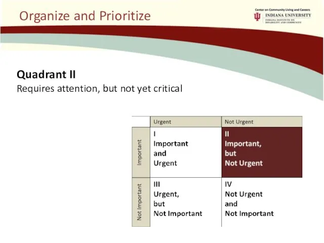 Organize and Prioritize Quadrant II Requires attention, but not yet critical