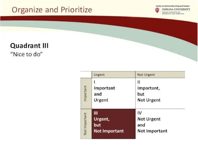 Organize and Prioritize Quadrant III “Nice to do”