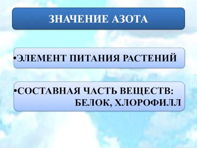 ЗНАЧЕНИЕ АЗОТА ЭЛЕМЕНТ ПИТАНИЯ РАСТЕНИЙ СОСТАВНАЯ ЧАСТЬ ВЕЩЕСТВ: БЕЛОК, ХЛОРОФИЛЛ