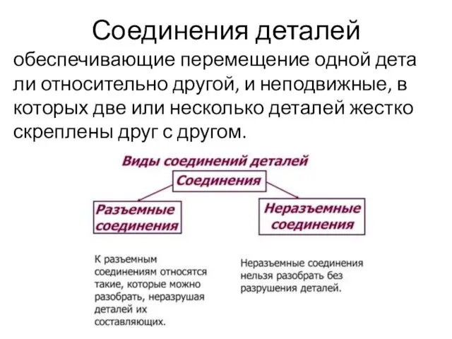 Соединения деталей обеспечивающие перемещение одной дета­ли относительно другой, и неподвижные, в