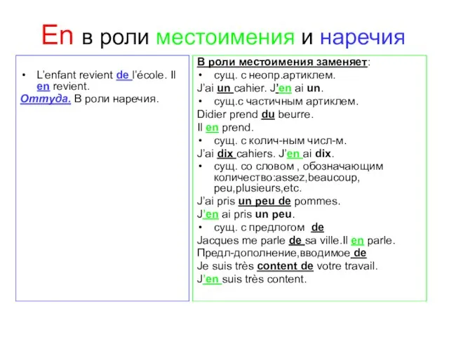 En в роли местоимения и наречия L’enfant revient de l’école. Il