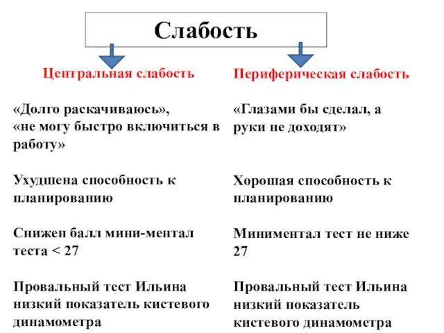 Слабость Центральная слабость «Долго раскачиваюсь», «не могу быстро включиться в работу»