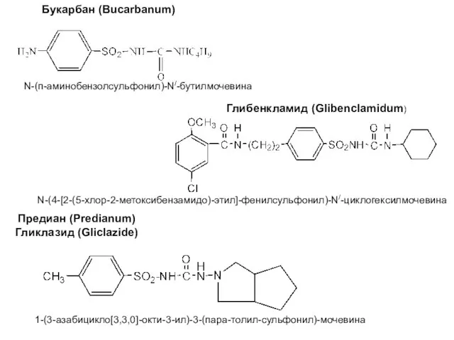 Букарбан (Bucarbanum) N-(п-аминобензолсульфонил)-N/-бутилмочевина Глибенкламид (Glibenclamidum) N-(4-[2-(5-хлор-2-метоксибензамидо)-этил]-фенилсульфонил)-N/-циклогексилмочевина Предиан (Predianum) Гликлазид (Gliclazide) 1-(3-азабицикло[3,3,0]-окти-3-ил)-3-(пара-толил-сульфонил)-мочевина