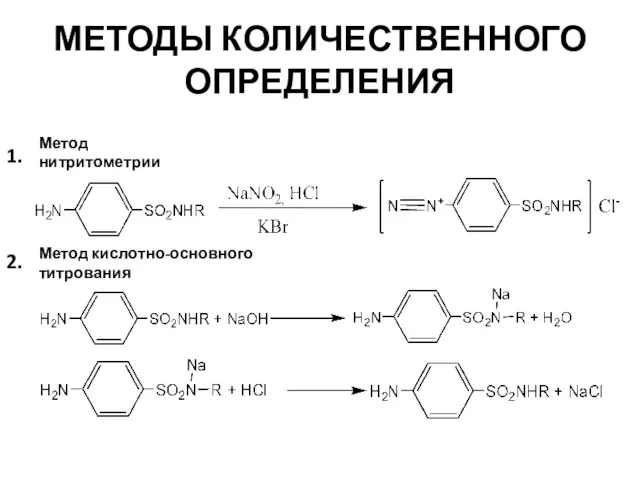 МЕТОДЫ КОЛИЧЕСТВЕННОГО ОПРЕДЕЛЕНИЯ 1. 2. Метод нитритометрии Метод кислотно-основного титрования