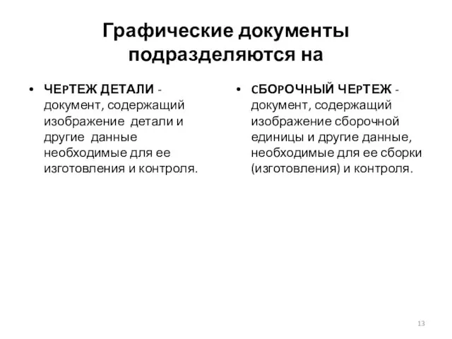 Графические документы подразделяются на ЧЕPТЕЖ ДЕТАЛИ - документ, содержащий изображение детали