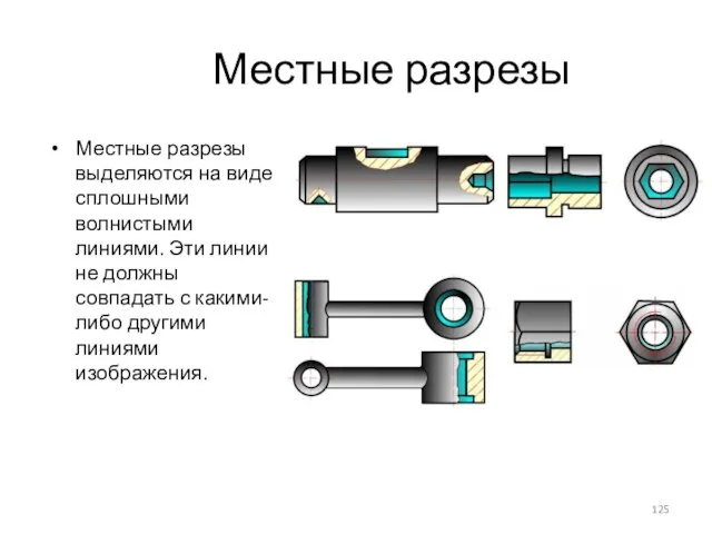 Местные разрезы Местные разрезы выделяются на виде сплошными волнистыми линиями. Эти