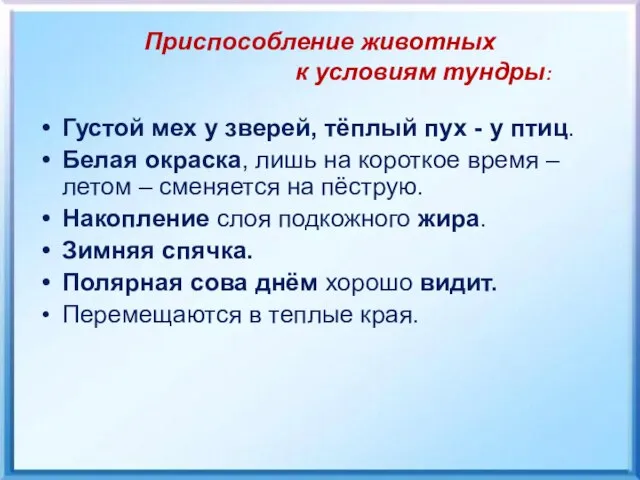 Приспособление животных к условиям тундры: Густой мех у зверей, тёплый пух