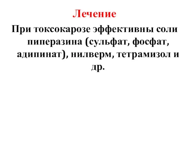 Лечение При токсокарозе эффективны соли пиперазина (сульфат, фосфат, адипинат), нилверм, тетрамизол и др.