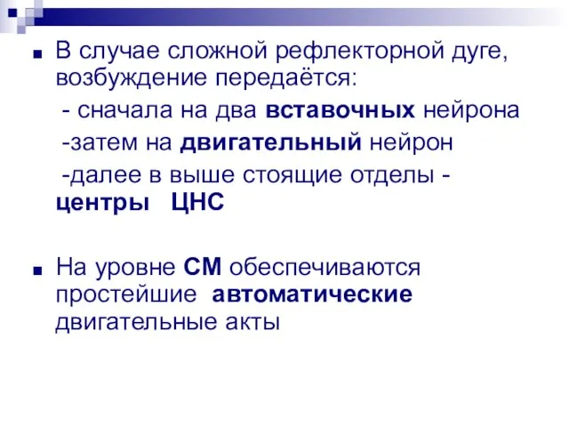 В случае сложной рефлекторной дуге, возбуждение передаётся: - сначала на два