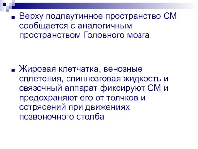 Верху подпаутинное пространство СМ сообщается с аналогичным пространством Головного мозга Жировая