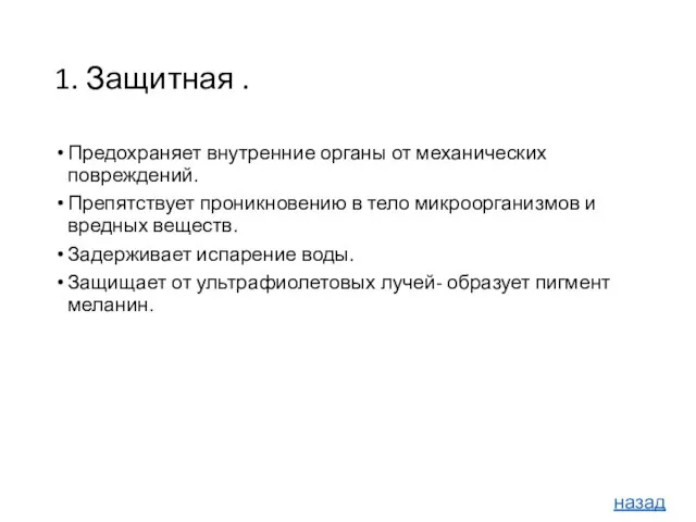 1. Защитная . Предохраняет внутренние органы от механических повреждений. Препятствует проникновению