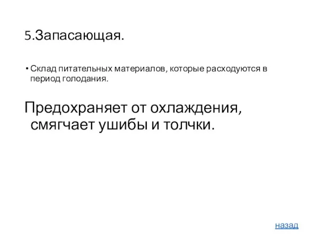 5.Запасающая. Склад питательных материалов, которые расходуются в период голодания. Предохраняет от