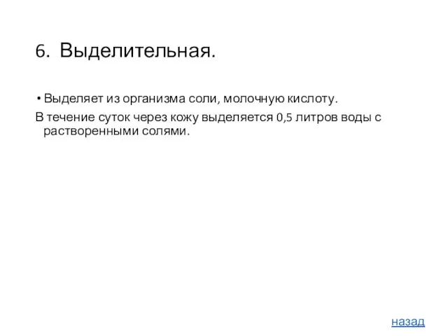 6. Выделительная. Выделяет из организма соли, молочную кислоту. В течение суток