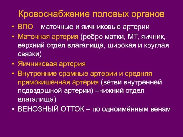 Кровоснабжение половых органов ВПО – маточные и яичниковые артерии Маточная артерия