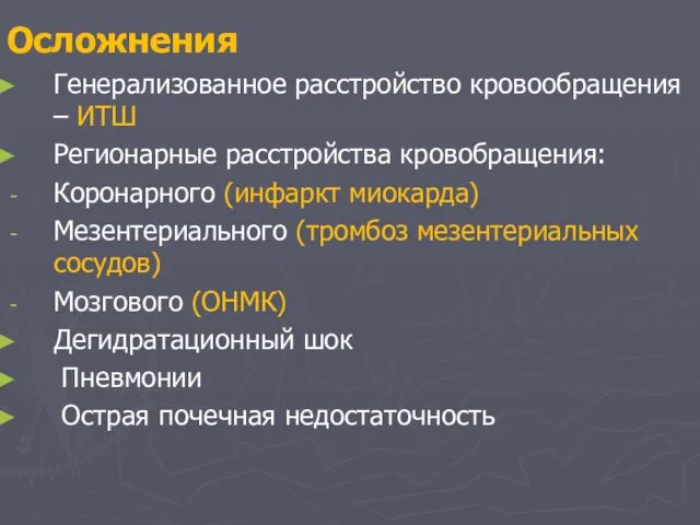 Осложнения Генерализованное расстройство кровообращения – ИТШ Регионарные расстройства кровобращения: Коронарного (инфаркт