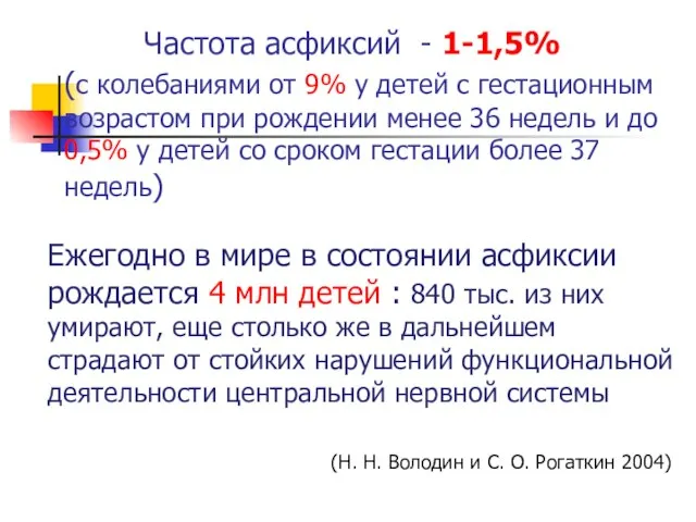 Частота асфиксий - 1-1,5% (с колебаниями от 9% у детей с