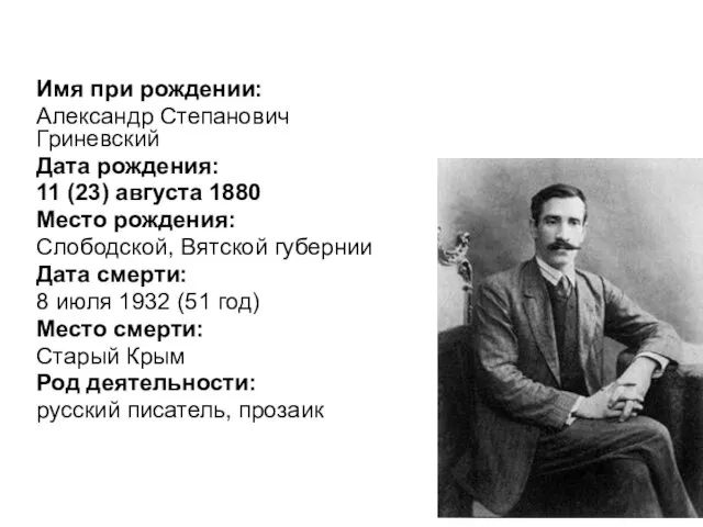 Имя при рождении: Александр Степанович Гриневский Дата рождения: 11 (23) августа