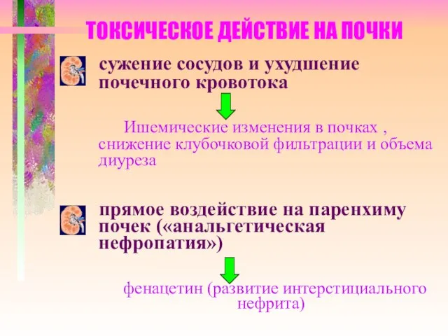 ТОКСИЧЕСКОЕ ДЕЙСТВИЕ НА ПОЧКИ сужение сосудов и ухудшение почечного кровотока Ишемические