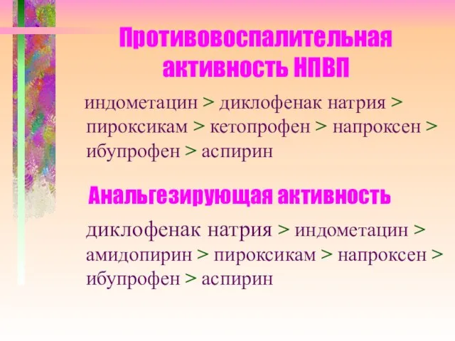 Противовоспалительная активность НПВП индометацин > диклофенак натрия > пироксикам > кетопрофен