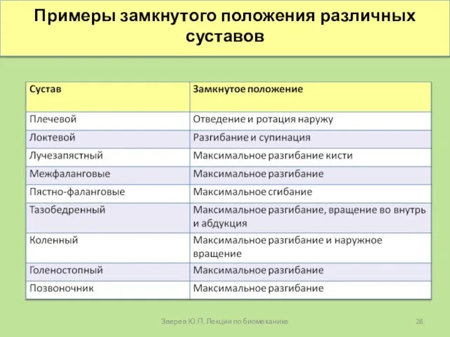 Примеры замкнутого положения различных суставов Зверев Ю.П. Лекции по биомеханике